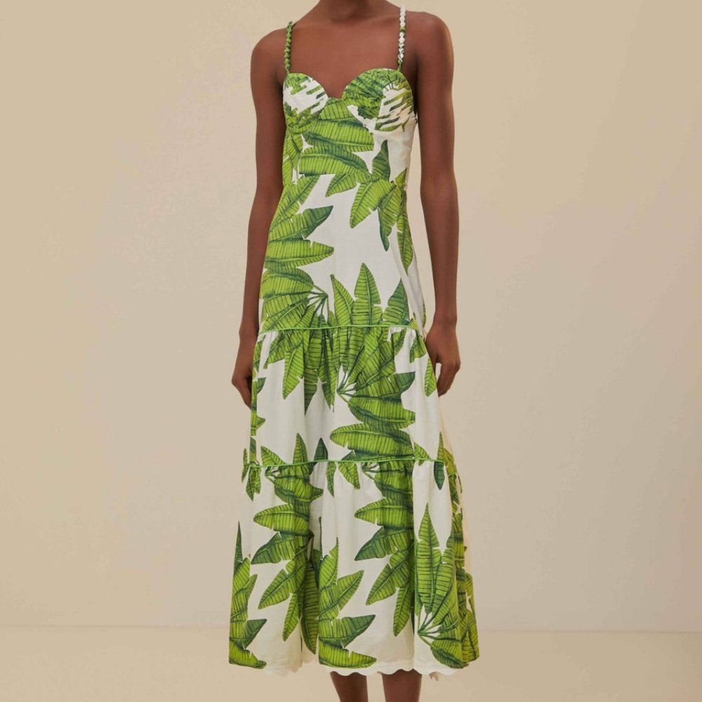 FARM RIO Off-White Palm Fan Midi Dress
